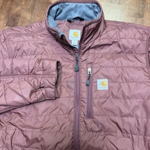 Carhartt Jacket Mens M Burgundy Puffer Outdoors Workwear Logo Hiking Coat